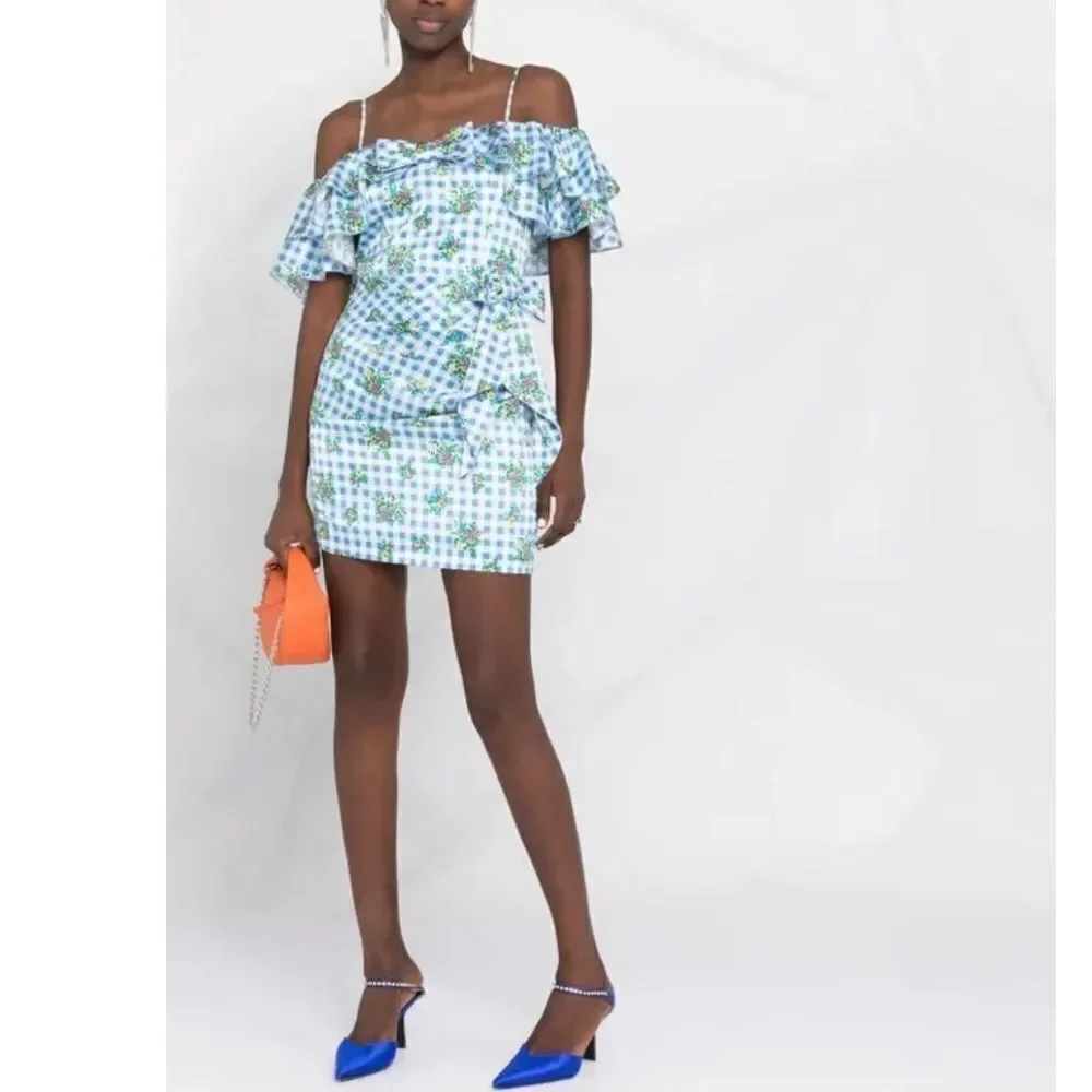 New ALESSANDRA RICH Off-Shoulder Floral Dress Medium Blue Gingham IT40/Small - Picture 16 of 16